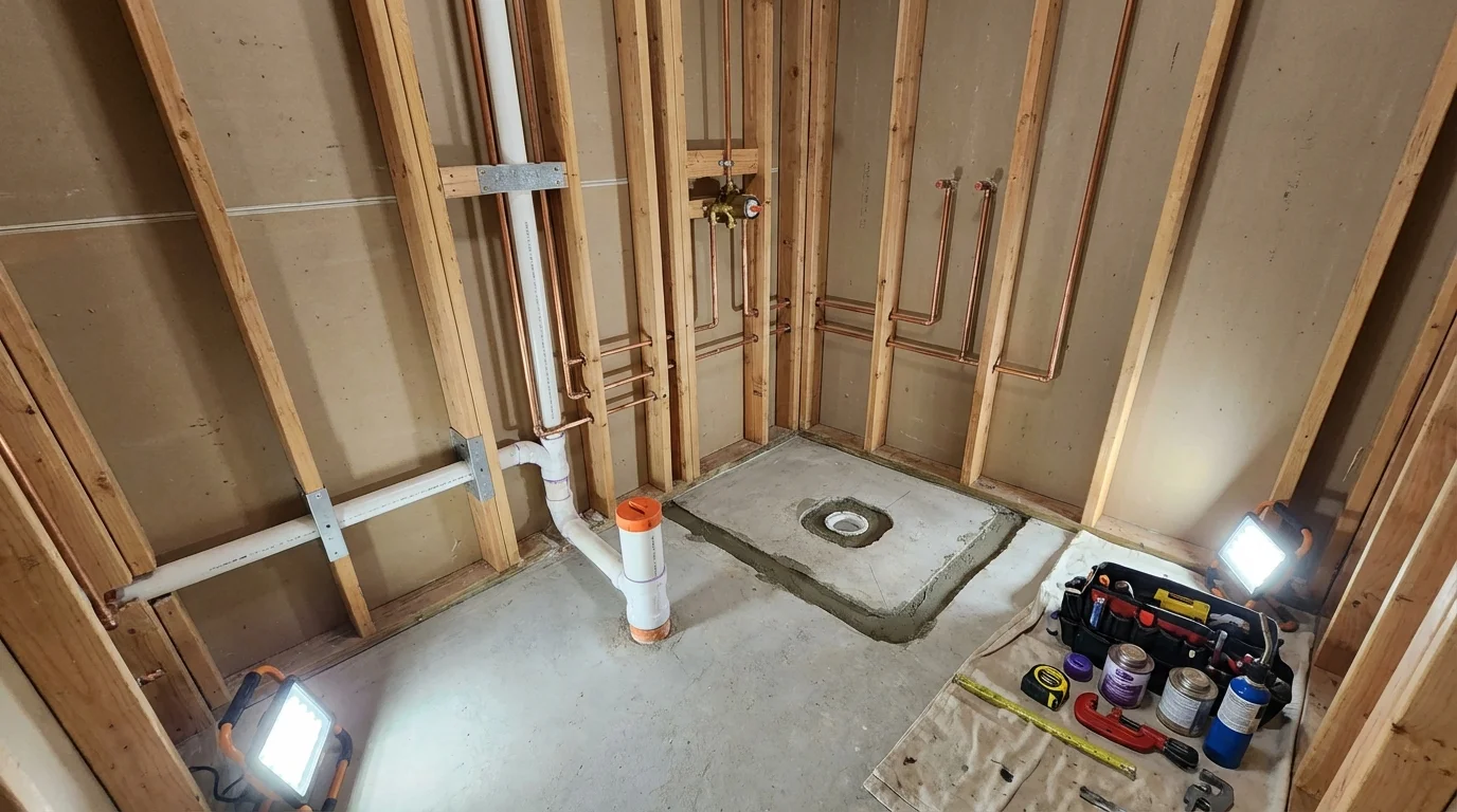 Bathroom rough-in plumbing during remodel by Johns Plumbing LLC in Van