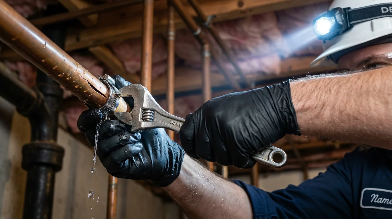 Emergency pipe clamp repair being performed by a Johns Plumbing LLC plumber in Van