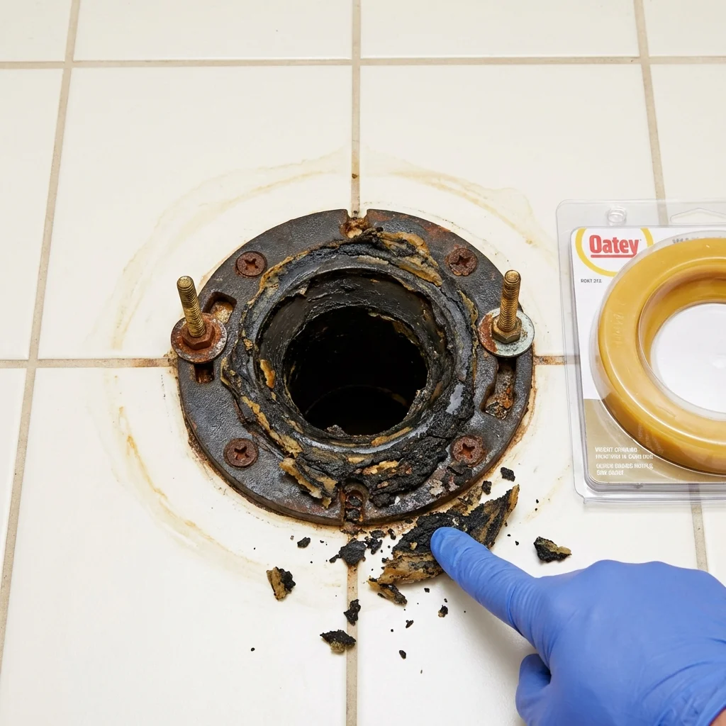 Failed wax ring showing water seepage at the base of a toilet in a Van, TX home