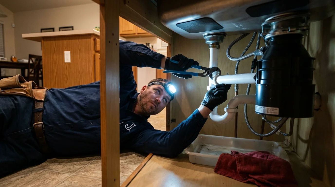 P-trap and supply line connections under a kitchen sink showing a common leak point in Van, TX